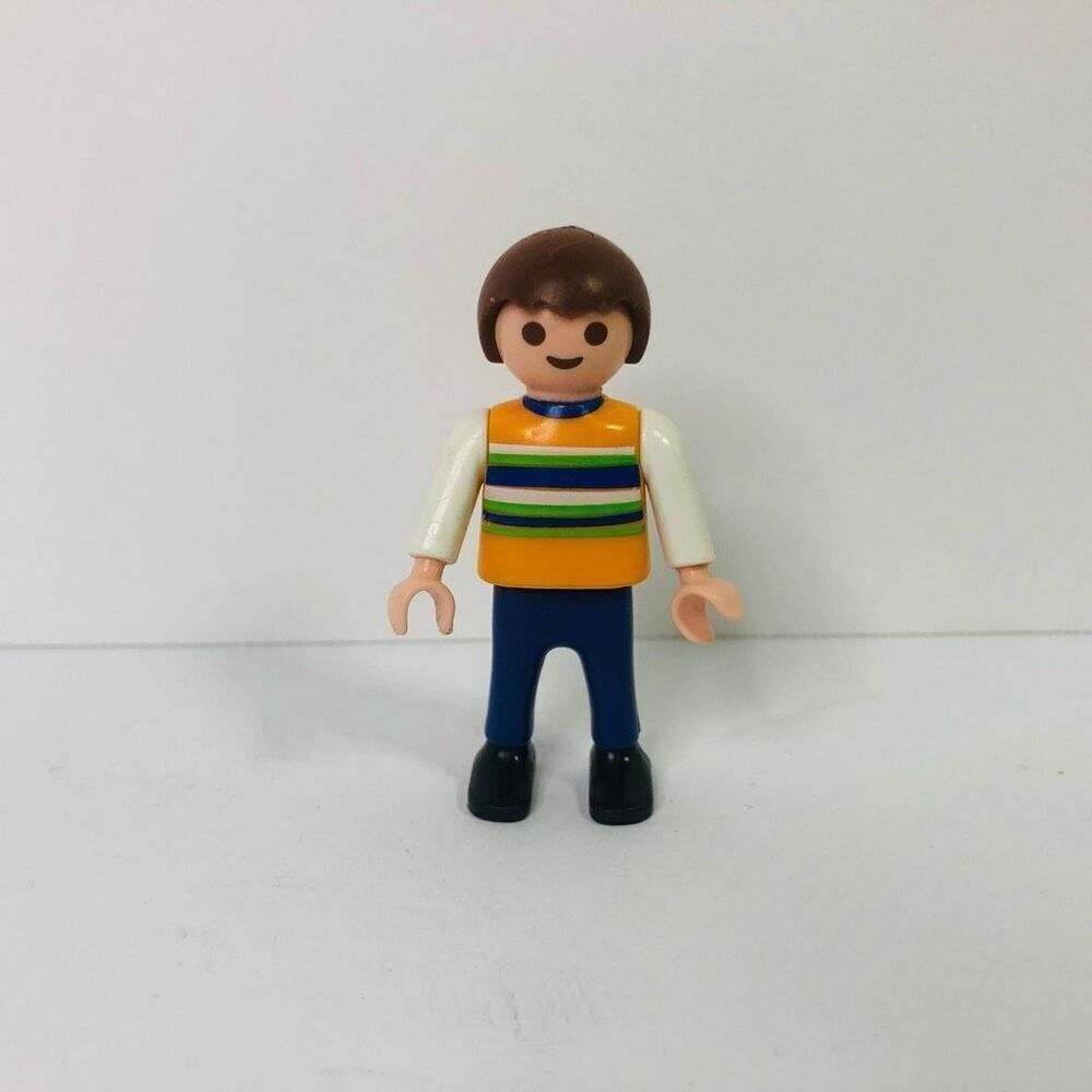 playmobil 1995 geobra male boy figure striped shirt brown hair 2 inches‎